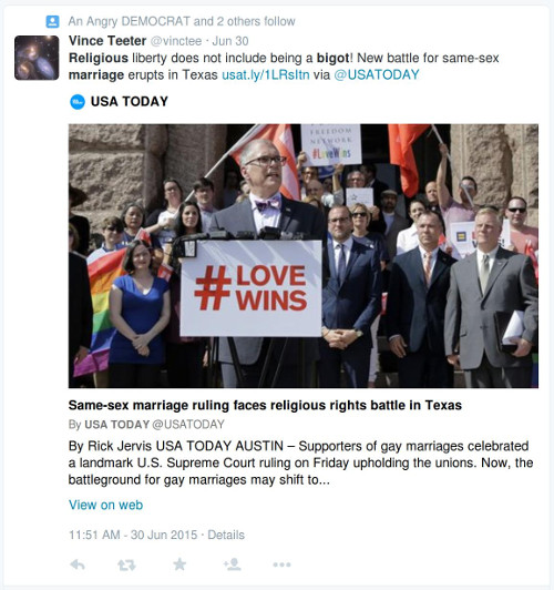 "Religious liberty does not include being a bigot! New battle for same sex marriage erupts in Texas."