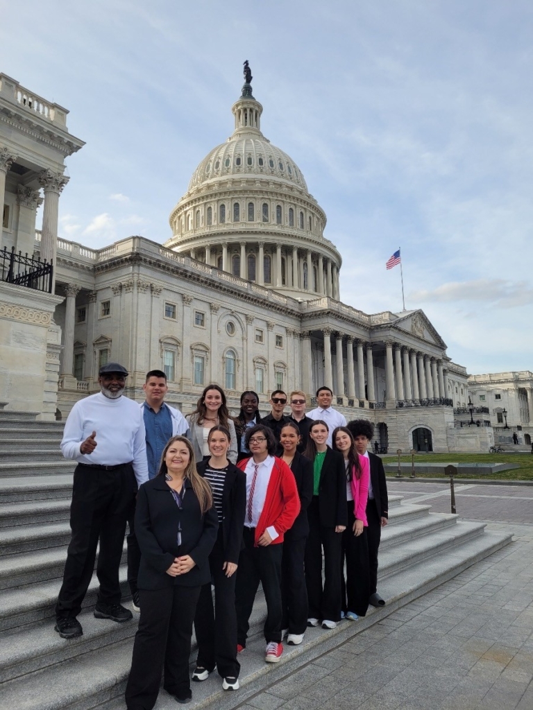 Students from Texas City High School on the steps of the U.S. Capitol during a 2024 Student Legislative Seminar